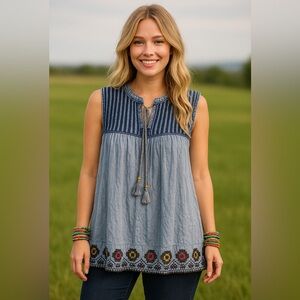 NWT Rachel Zoe Top Sz 1X  Blue Embroidered Tassel Tie Mineral Wash Boho Festival